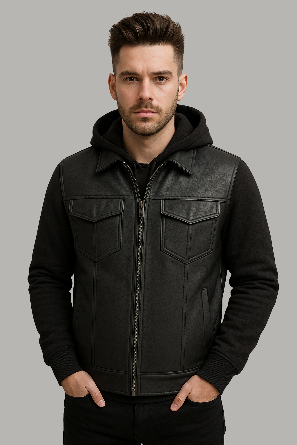 Iron - Men's Motorcycle Leather Vest with Hoodie