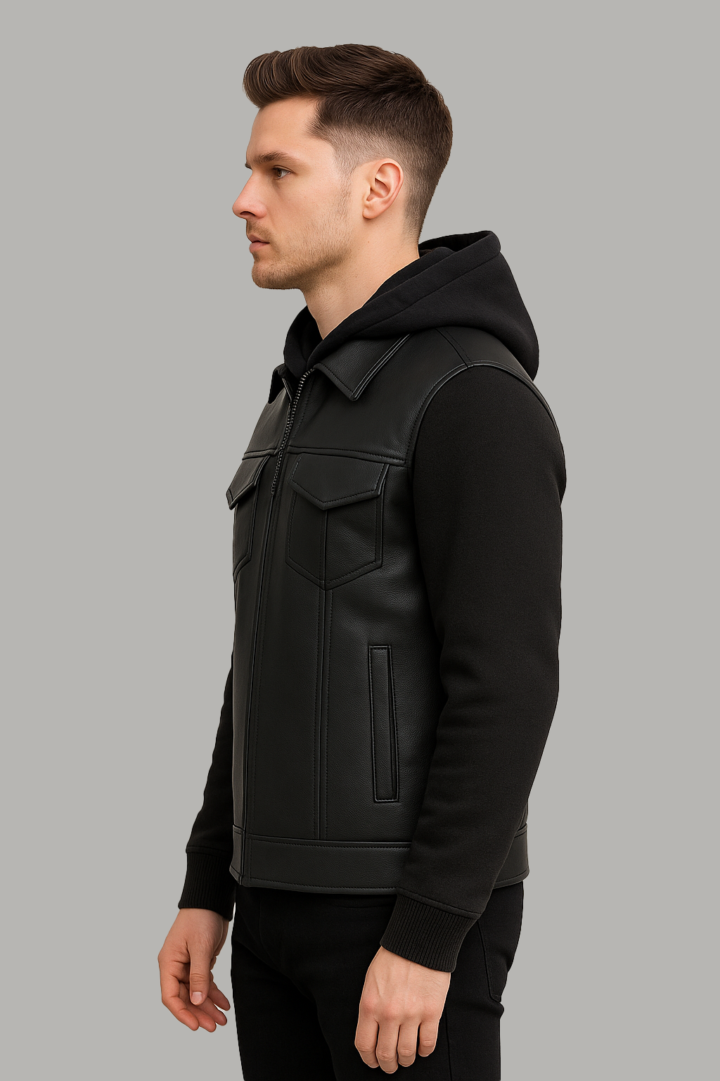 Iron - Men's Motorcycle Leather Vest with Hoodie