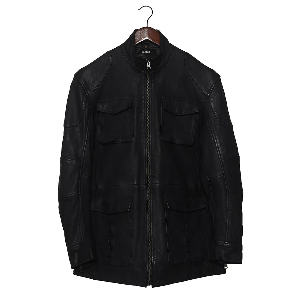 Mens Premium Field Master Long Black Leather Jacket Coat