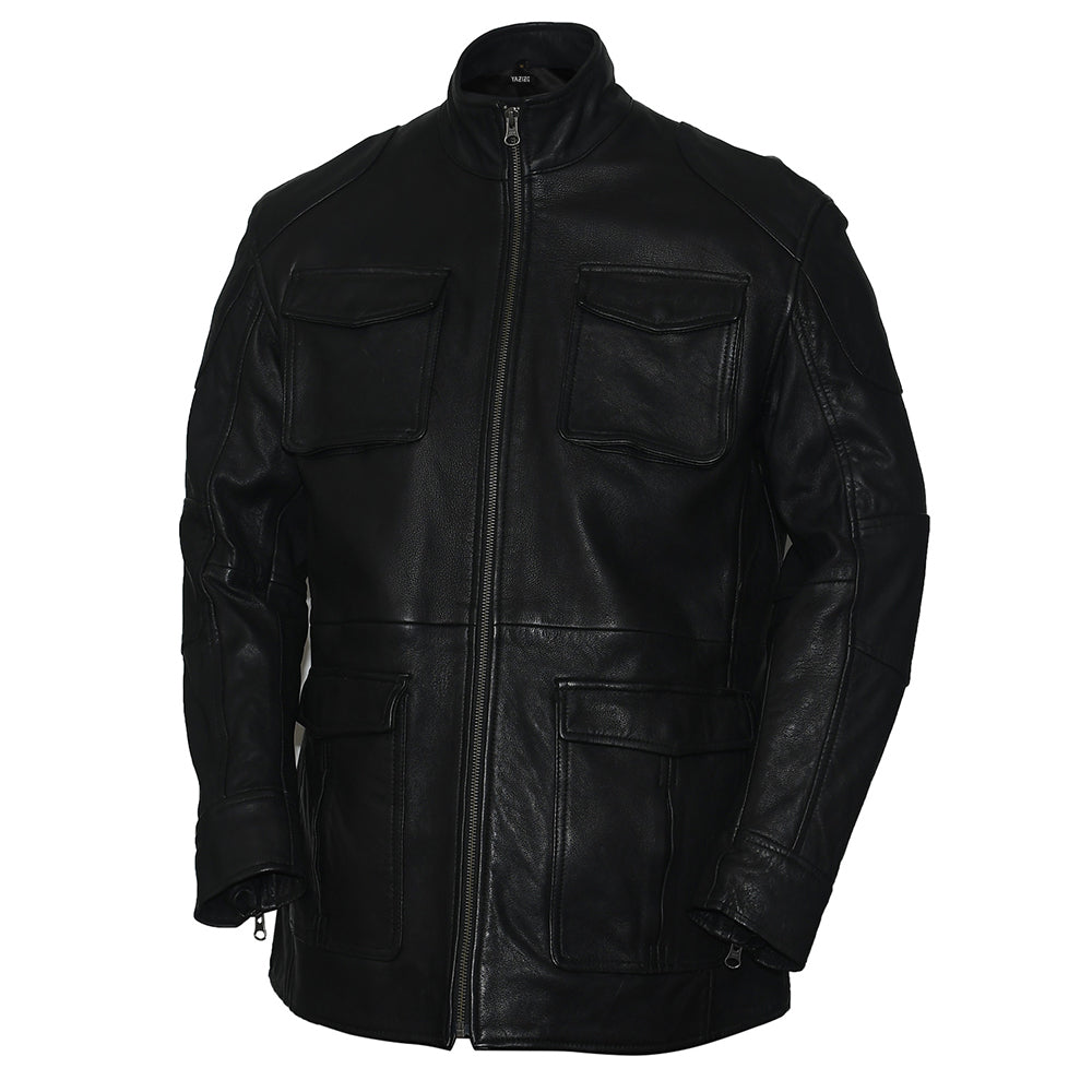 Mens Premium Field Master Long Black Leather Jacket Coat