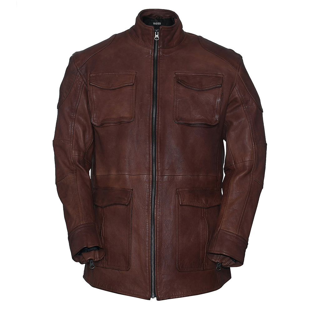 Mens Premium Field Master Long Brown Leather Jacket Coat