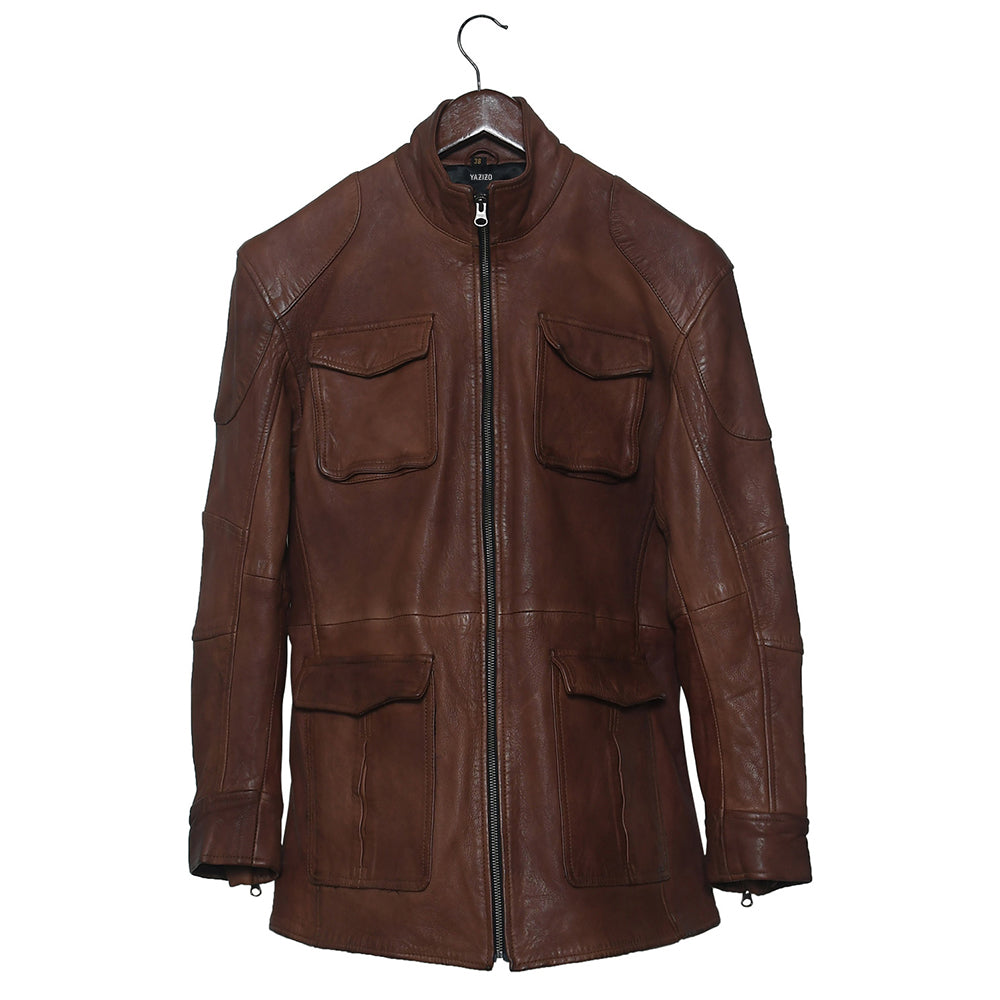 Mens Premium Field Master Long Brown Leather Jacket Coat