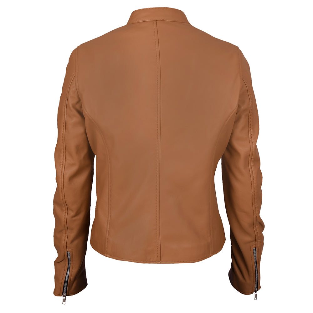 Motorcycle Cafe Racer Women's Camel Leather Jacket