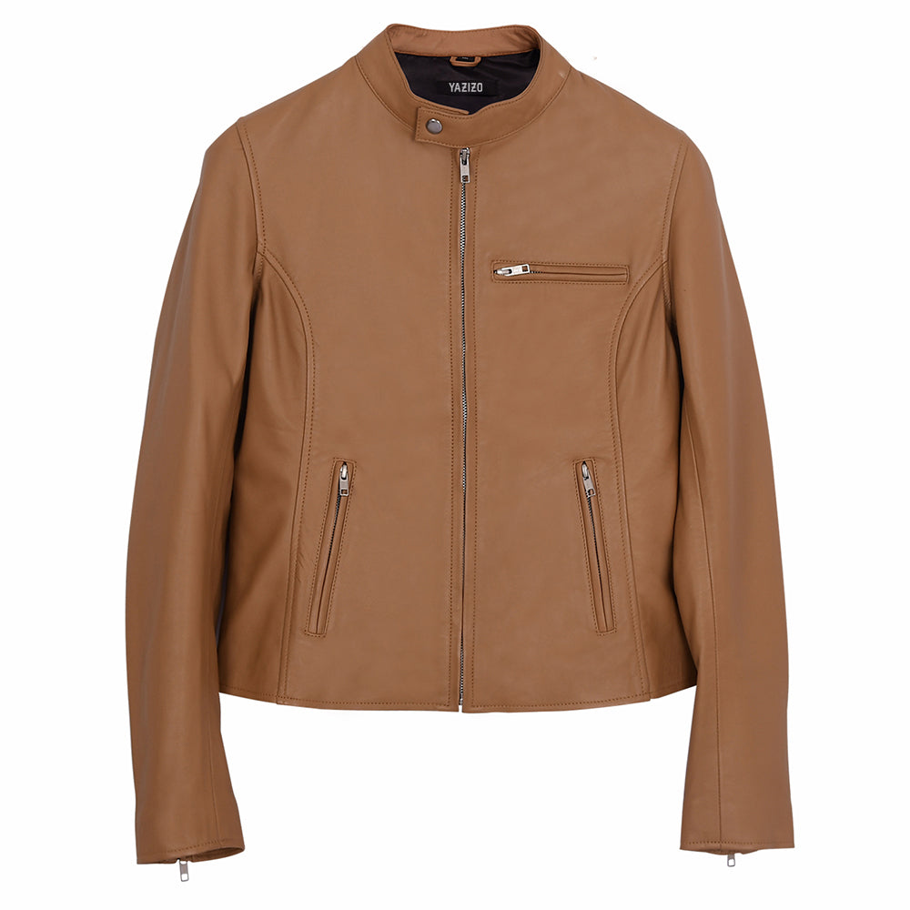 Motorcycle Cafe Racer Women's Camel Leather Jacket