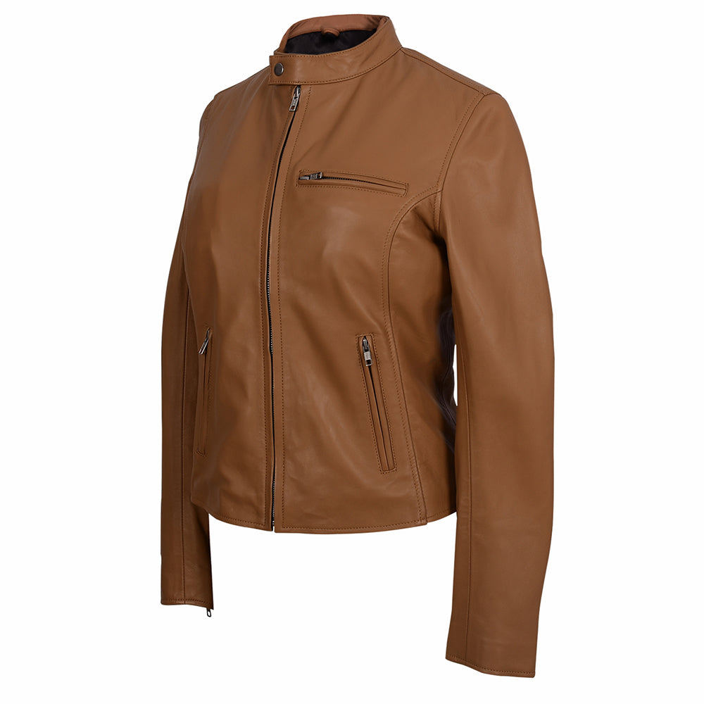 Motorcycle Cafe Racer Women's Camel Leather Jacket