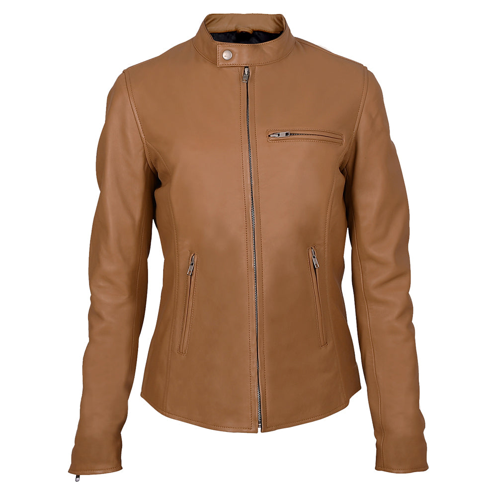 Motorcycle Cafe Racer Women's Camel Leather Jacket