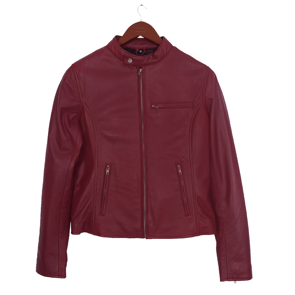 Motorcycle Cafe Racer Women's Red Leather Jacket