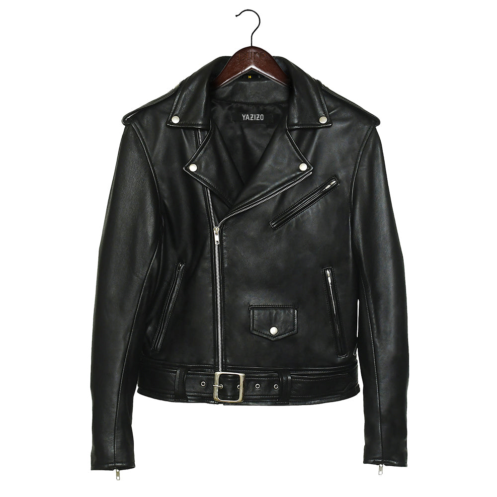 Real Biker Café Racer Belted Black Lambskin Leather Jacket