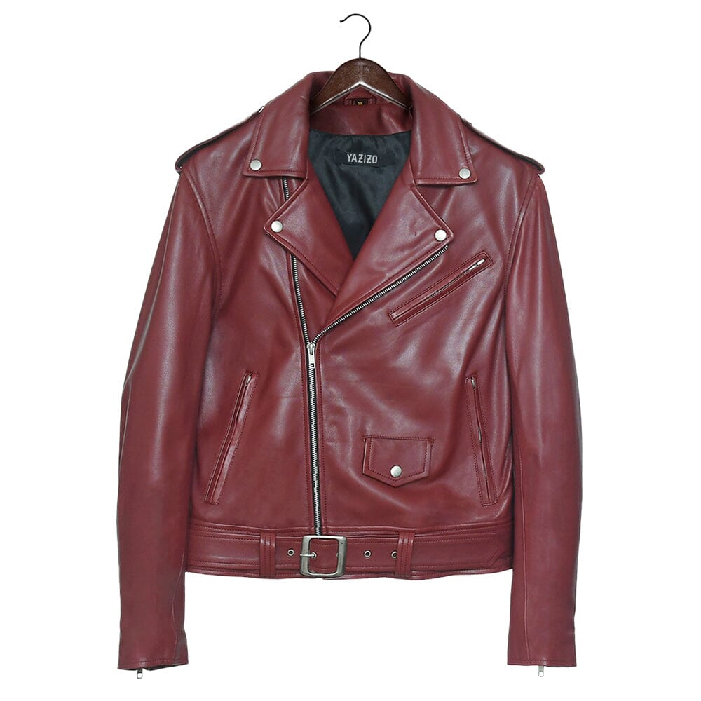 Real Biker Café Racer Belted Red Lambskin Leather Jacket