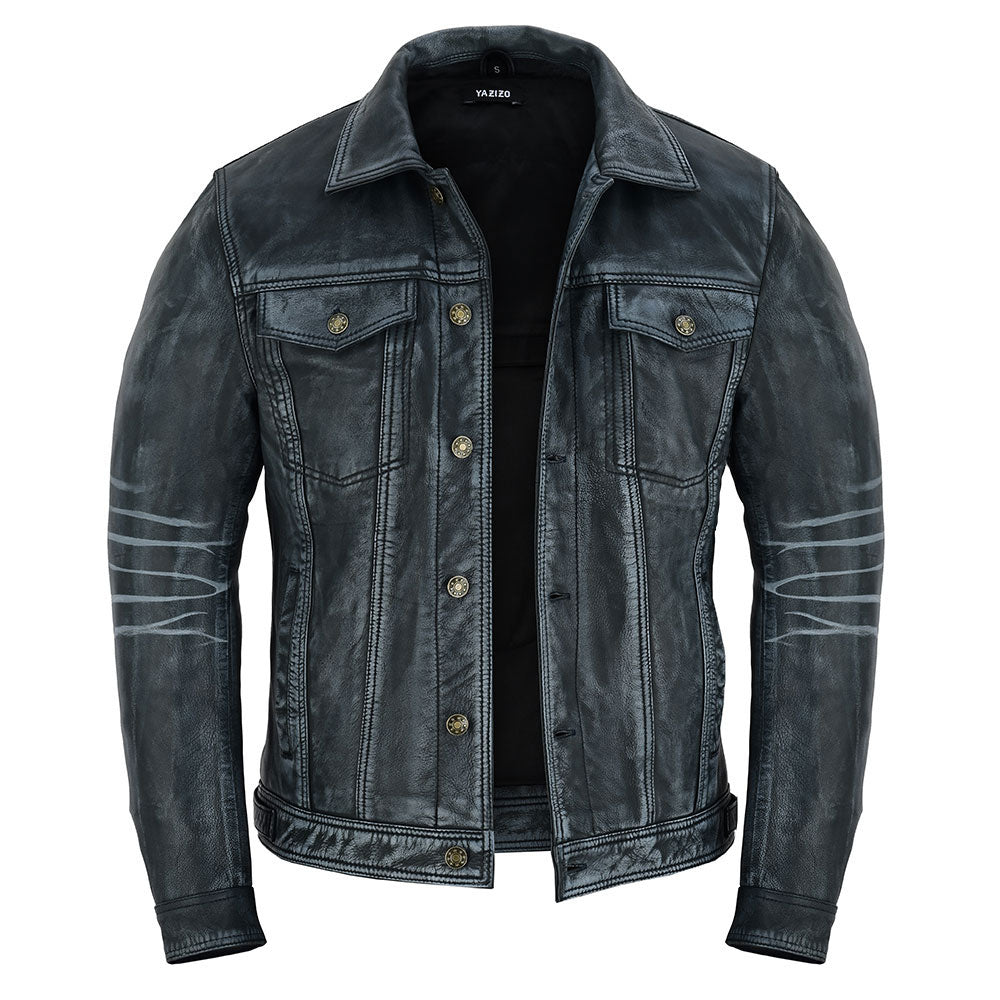 Four Pocket Mens Black Leather Trucker Jacket