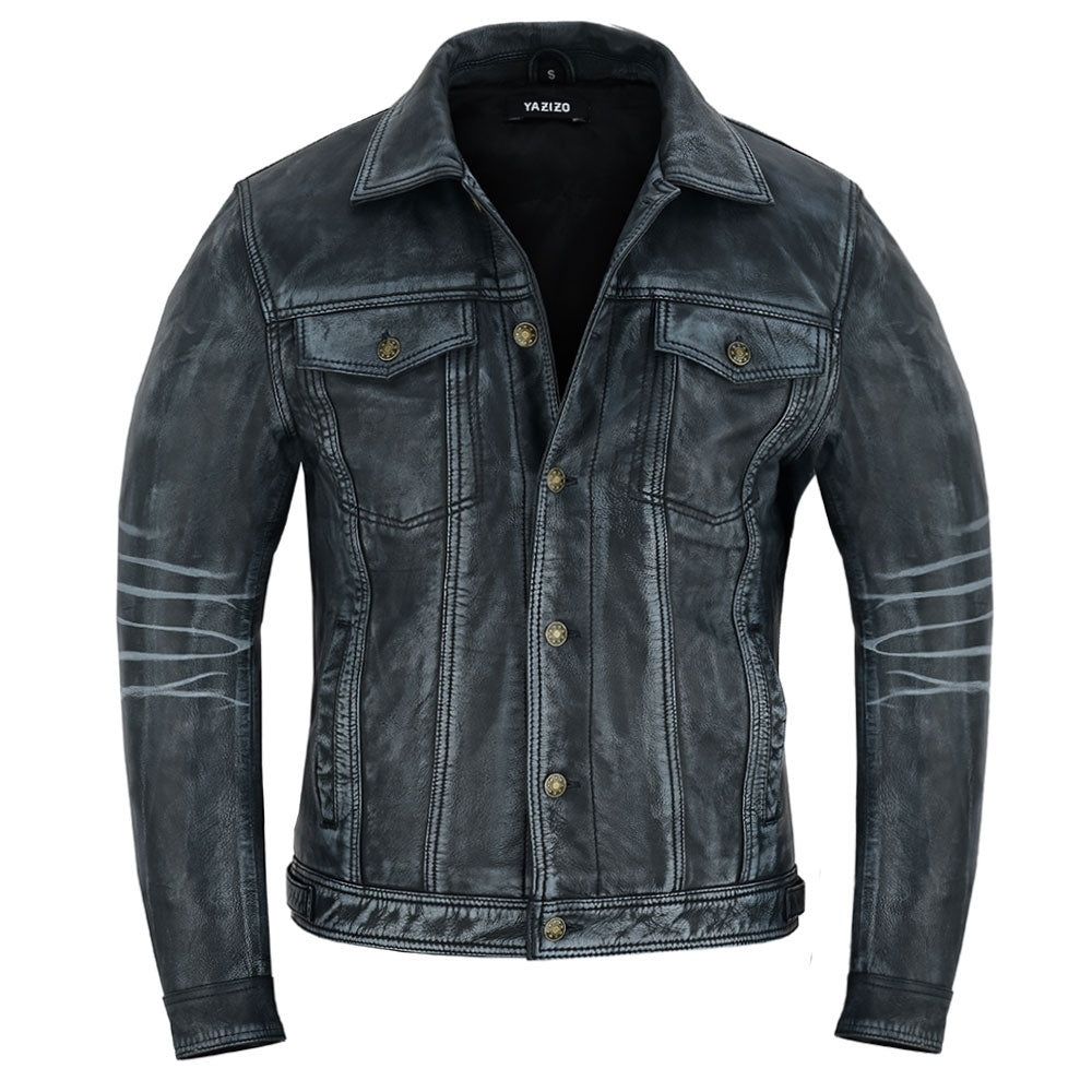 Four Pocket Mens Black Leather Trucker Jacket
