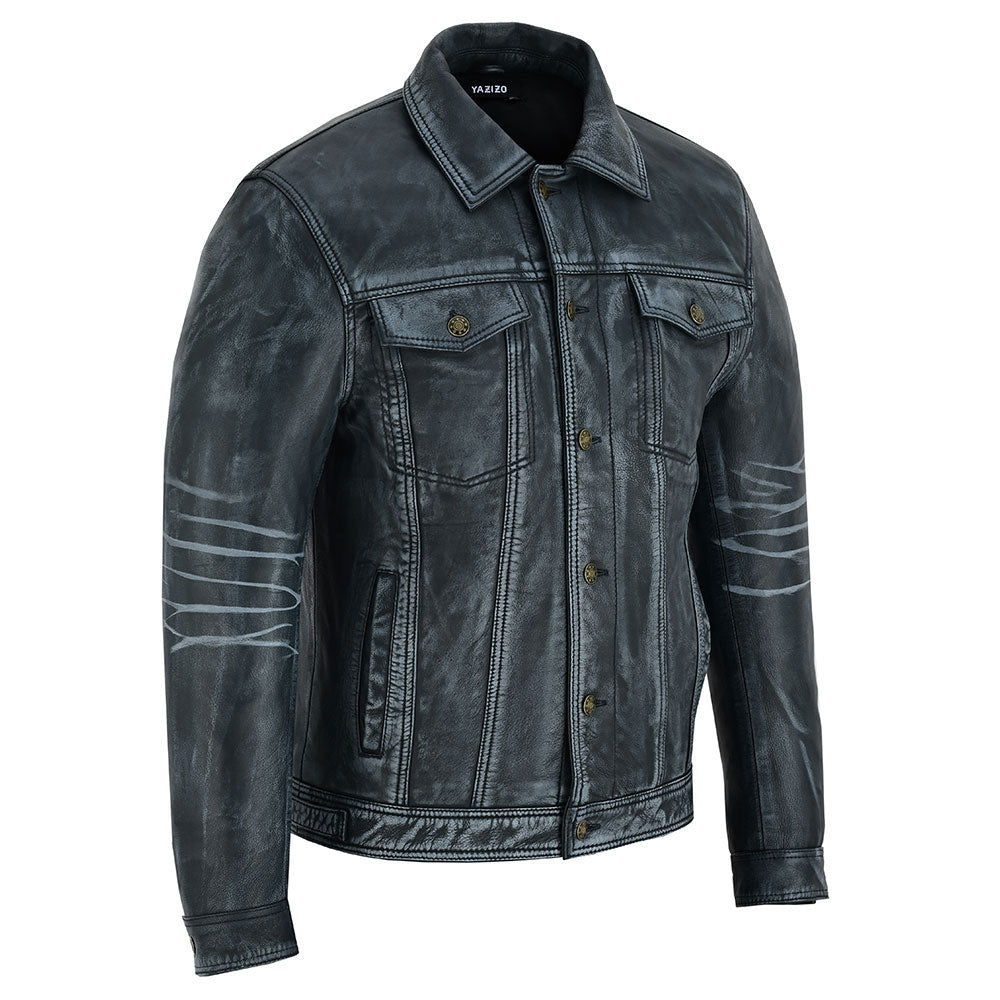 Four Pocket Mens Black Leather Trucker Jacket