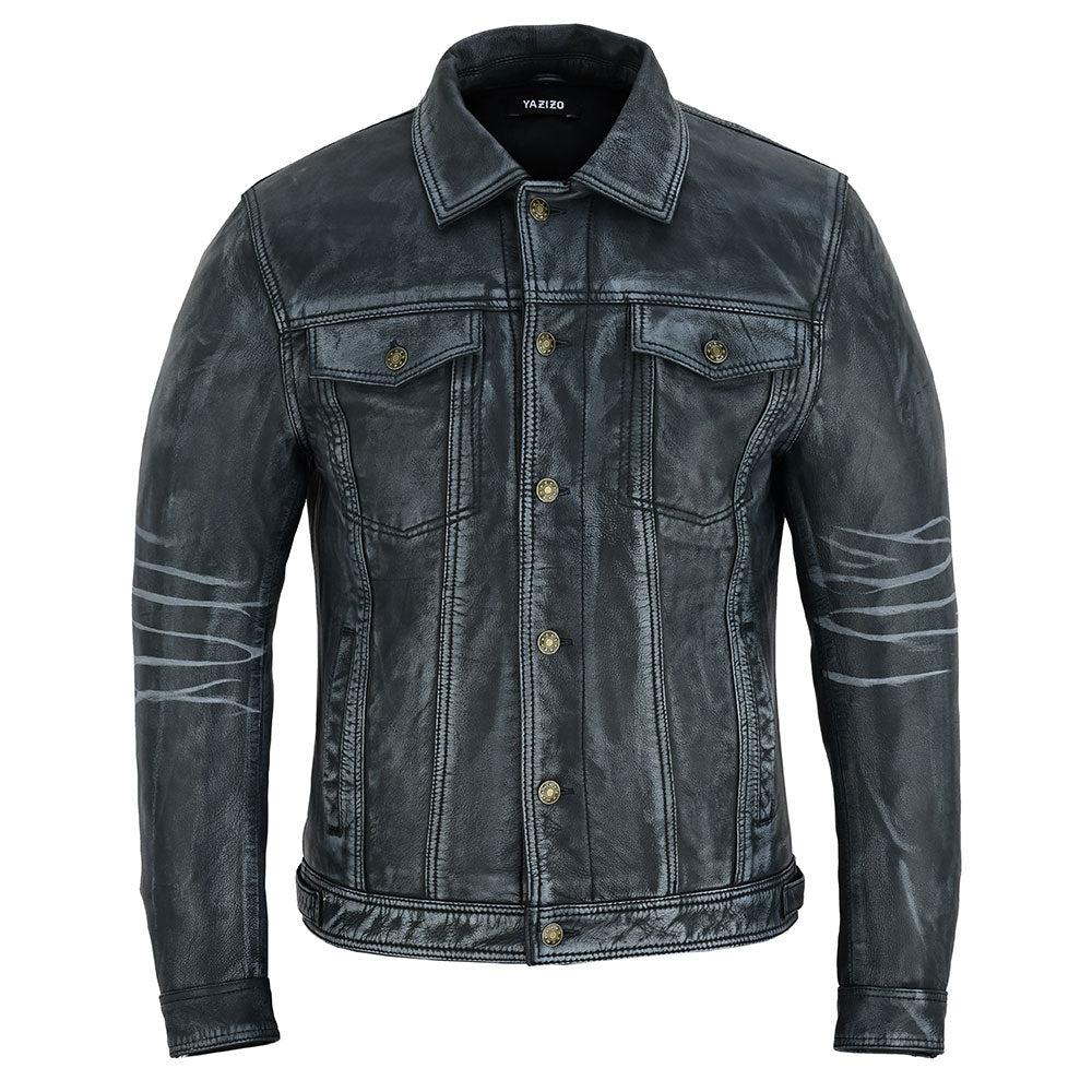 Four Pocket Mens Black Leather Trucker Jacket