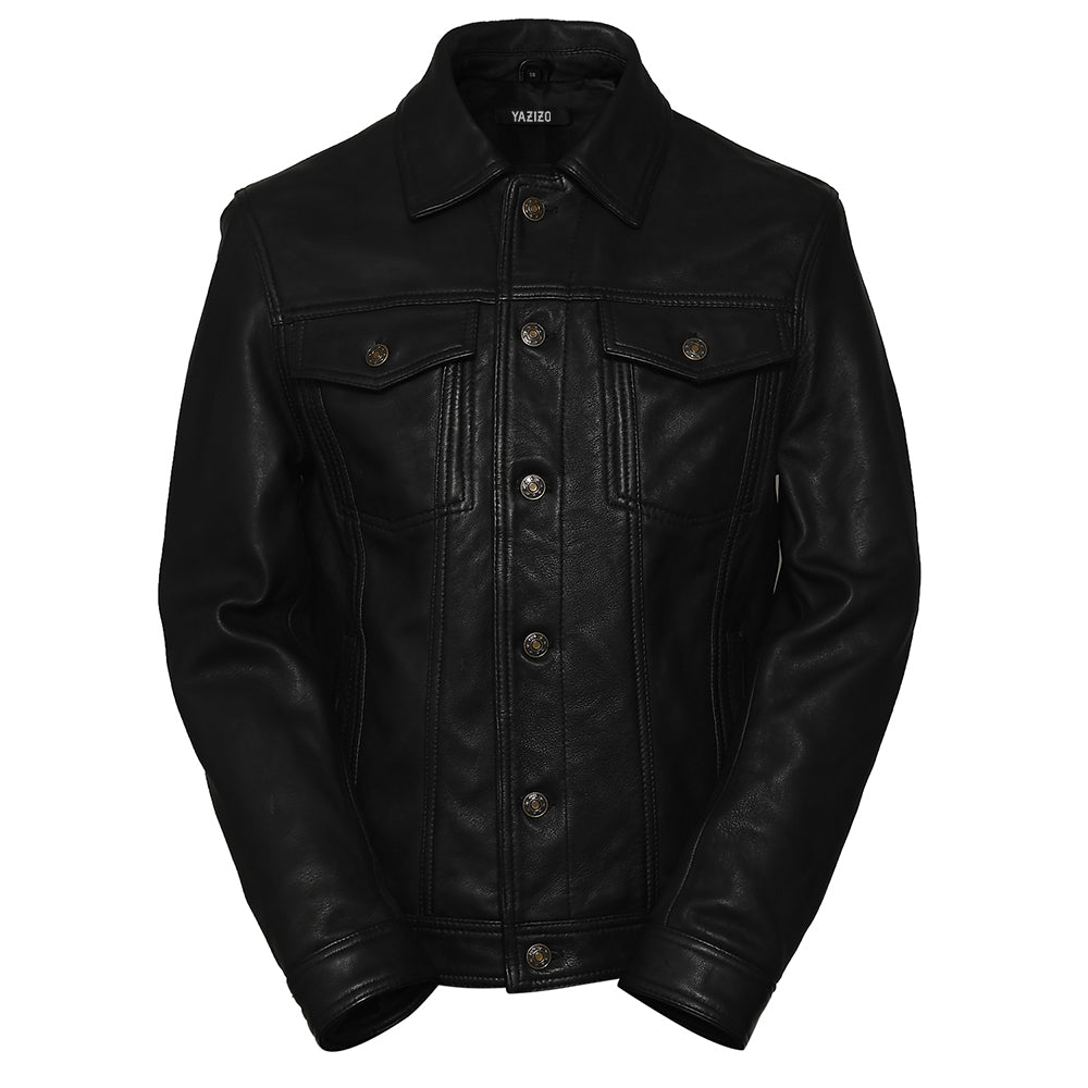 Four Pocket Mens Black Leather Trucker Jacket