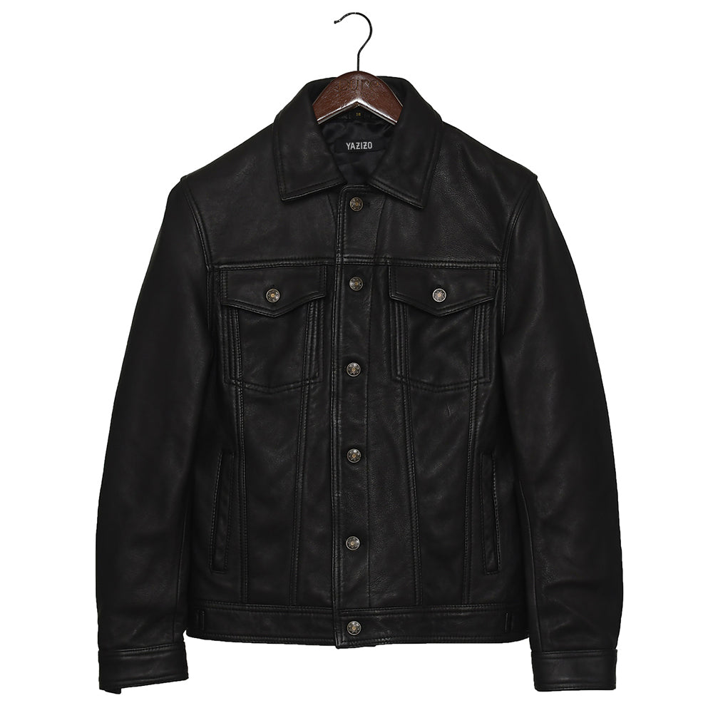 Four Pocket Mens Black Leather Trucker Jacket