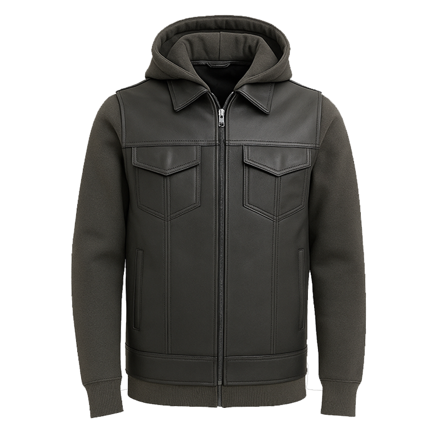 Iron - Men's Motorcycle Leather Vest with Hoodie