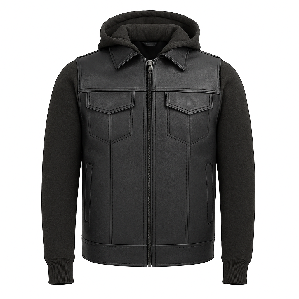 Iron - Men's Motorcycle Leather Vest with Hoodie