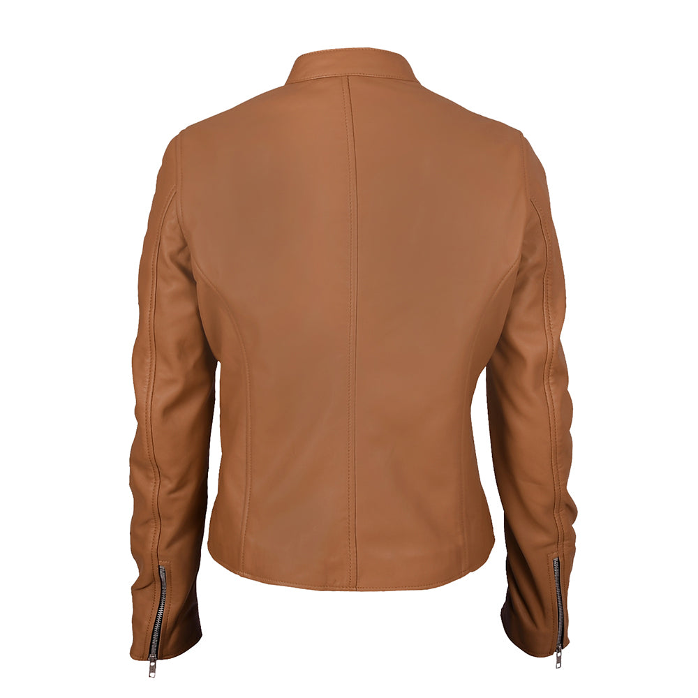 Moto Cafe Racer Womens Beige Leather Jacket