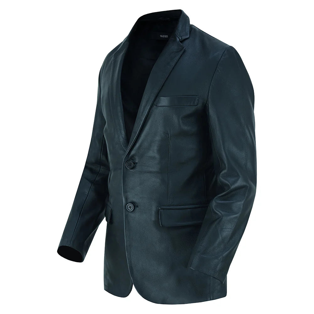 Mens Two Button Black Leather Blazer