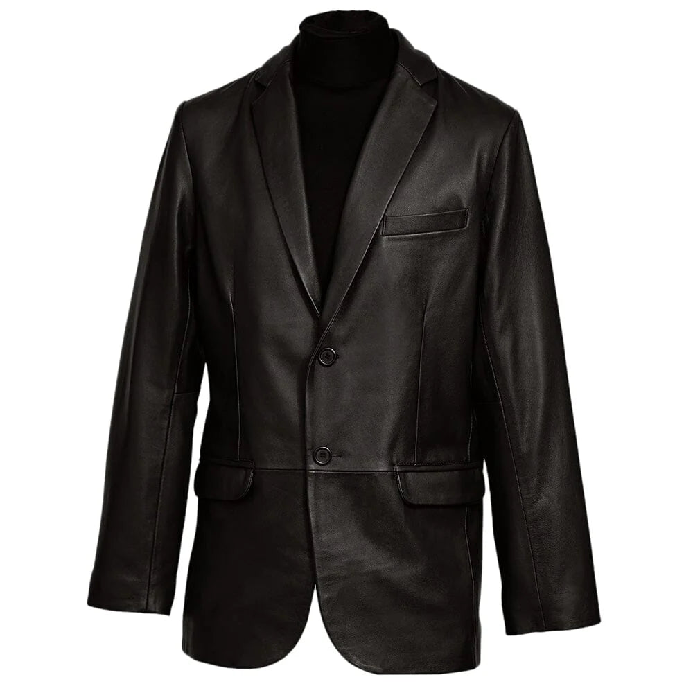 Mens Two Button Black Leather Blazer