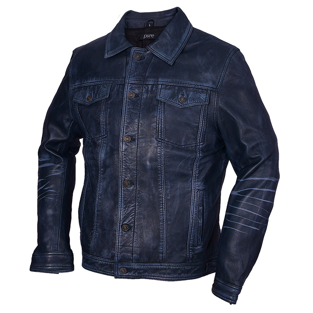 Four Pocket Mens Black Leather Trucker Jacket