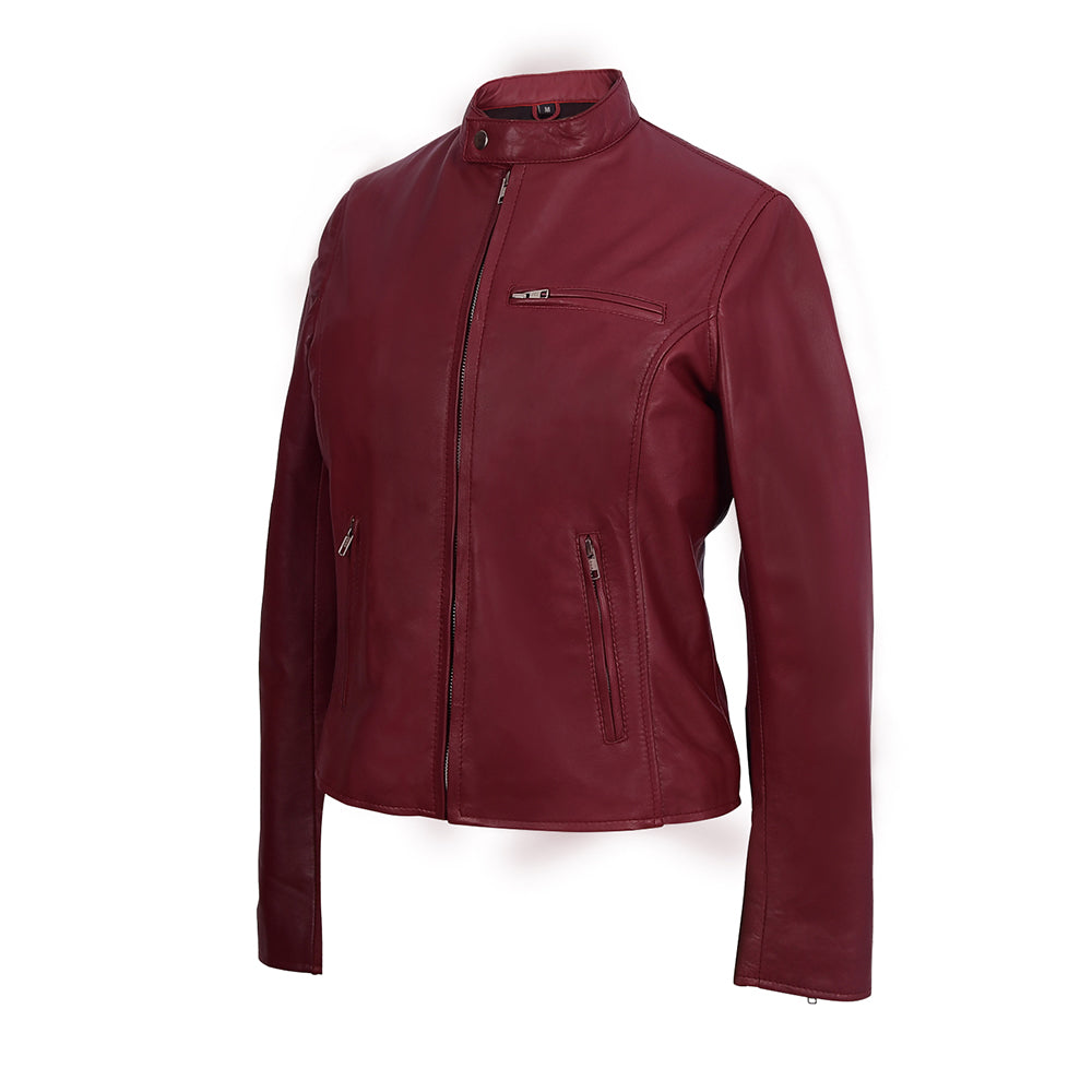 Moto Cafe Racer Womens Beige Leather Jacket