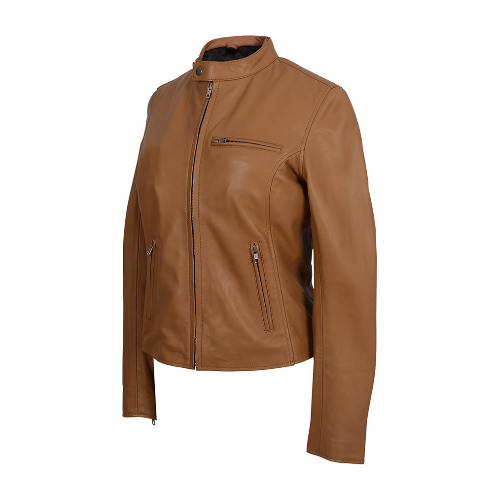 Moto Cafe Racer Womens Beige Leather Jacket