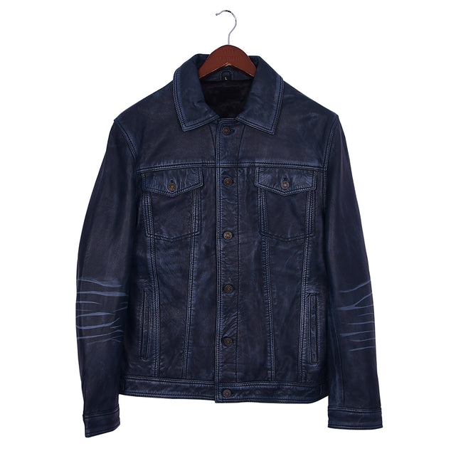 Four Pocket Mens Black Leather Trucker Jacket