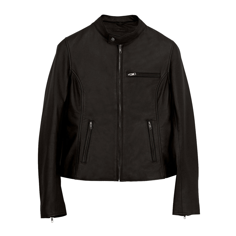 Moto Cafe Racer Womens Beige Leather Jacket