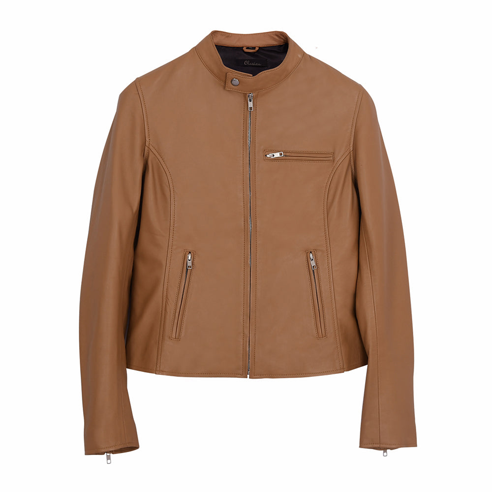 Moto Cafe Racer Womens Beige Leather Jacket
