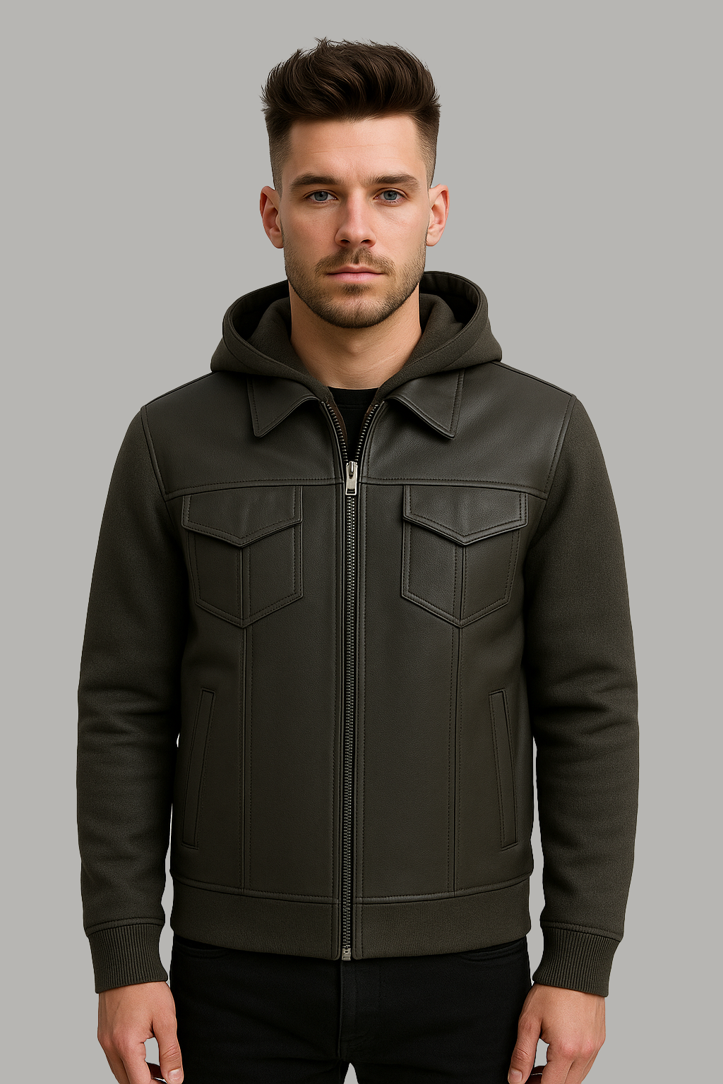 Iron - Men's Motorcycle Leather Vest with Hoodie