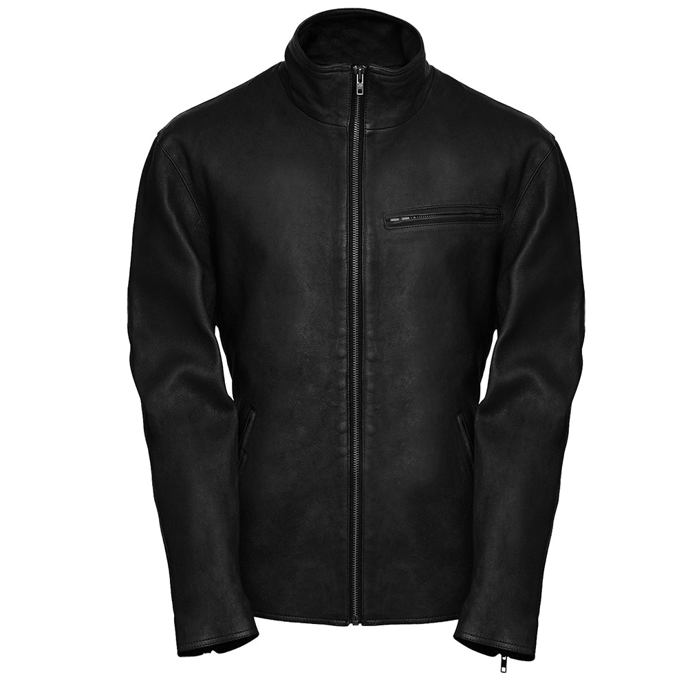 High Collar Slim Fit Mens Black Leather Jacket