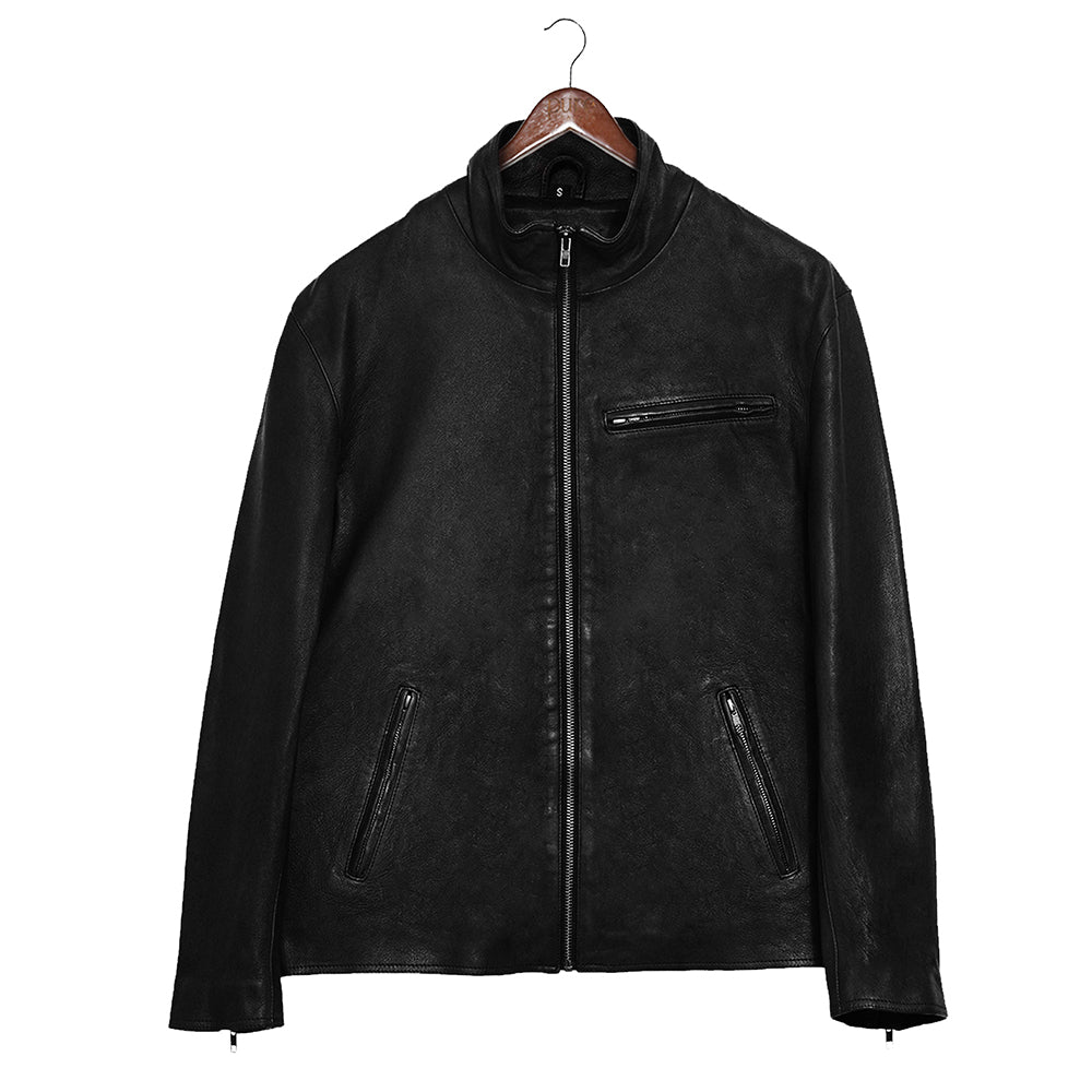 High Collar Slim Fit Mens Black Leather Jacket