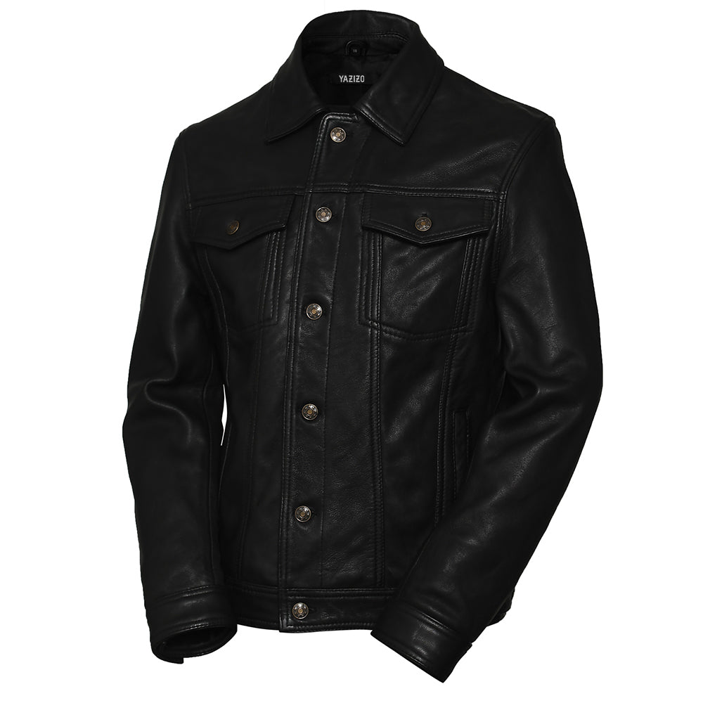 Four Pocket Mens Black Leather Trucker Jacket